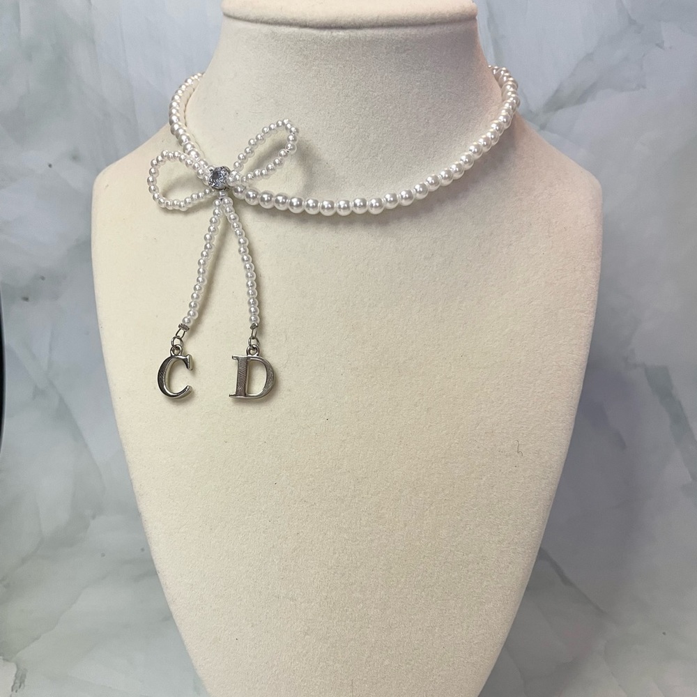 Upcycled Silver Letter Charms Pearl Bow Choker Necklace